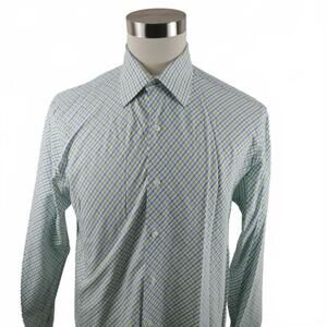 Linea Dome Chemise Mens Button Up Green Blue Plaid Shirt M 15.5-16